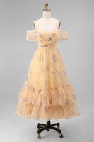 Load image into Gallery viewer, Yellow Flower Tulle A Line Ruffled Off the Shoulder Maxi Prom Dress
