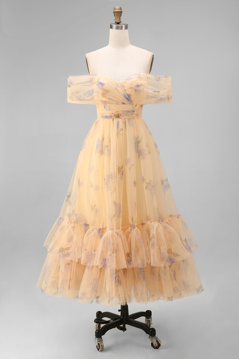 Load image into Gallery viewer, Yellow Flower Tulle A Line Ruffled Off the Shoulder Maxi Prom Dress