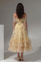 Load image into Gallery viewer, Yellow Flower Tulle A Line Ruffled Off the Shoulder Maxi Prom Dress