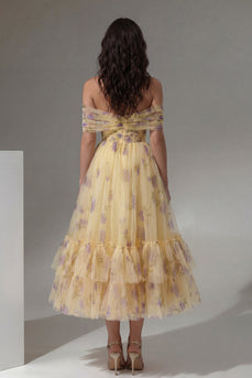 Yellow Flower Tulle A Line Ruffled Off the Shoulder Maxi Prom Dress