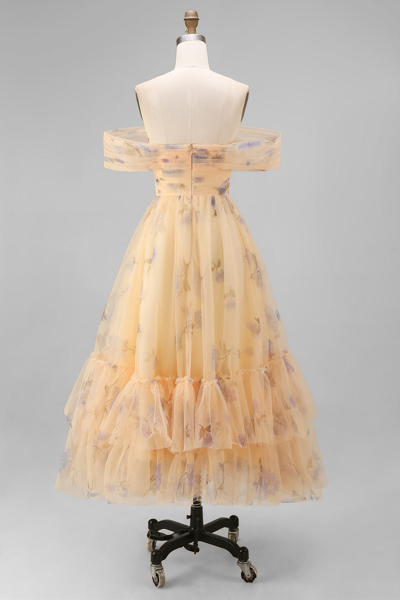 Load image into Gallery viewer, Yellow Flower Tulle A Line Ruffled Off the Shoulder Maxi Prom Dress