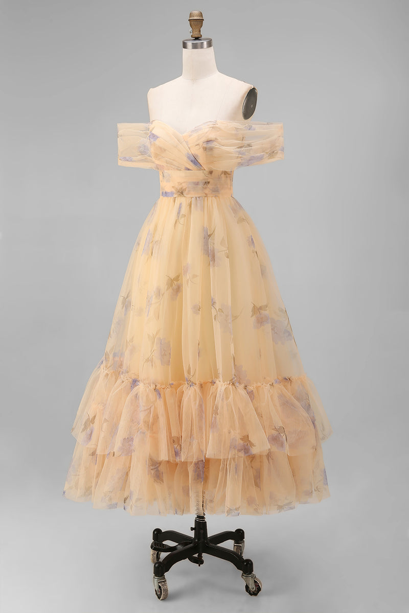 Load image into Gallery viewer, Yellow Flower Tulle A Line Ruffled Off the Shoulder Maxi Prom Dress