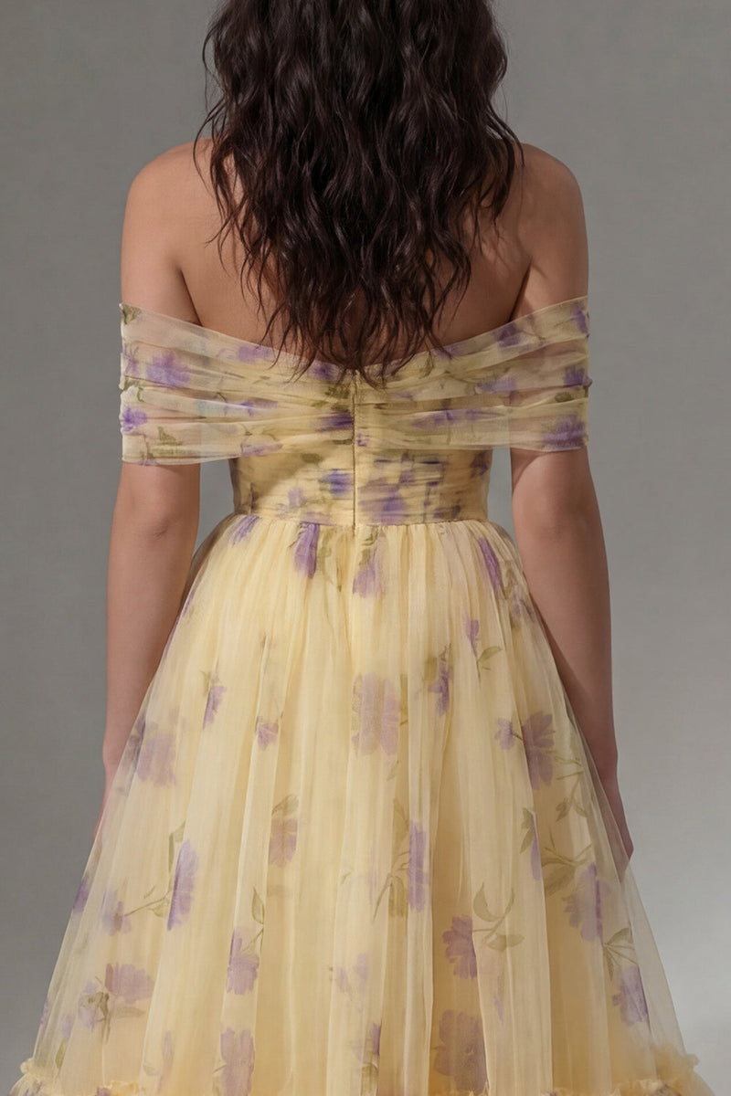 Load image into Gallery viewer, Yellow Flower Tulle A Line Ruffled Off the Shoulder Maxi Prom Dress