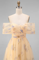 Load image into Gallery viewer, Yellow Flower Tulle A Line Ruffled Off the Shoulder Maxi Prom Dress
