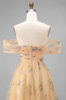 Load image into Gallery viewer, Yellow Flower Tulle A Line Ruffled Off the Shoulder Maxi Prom Dress
