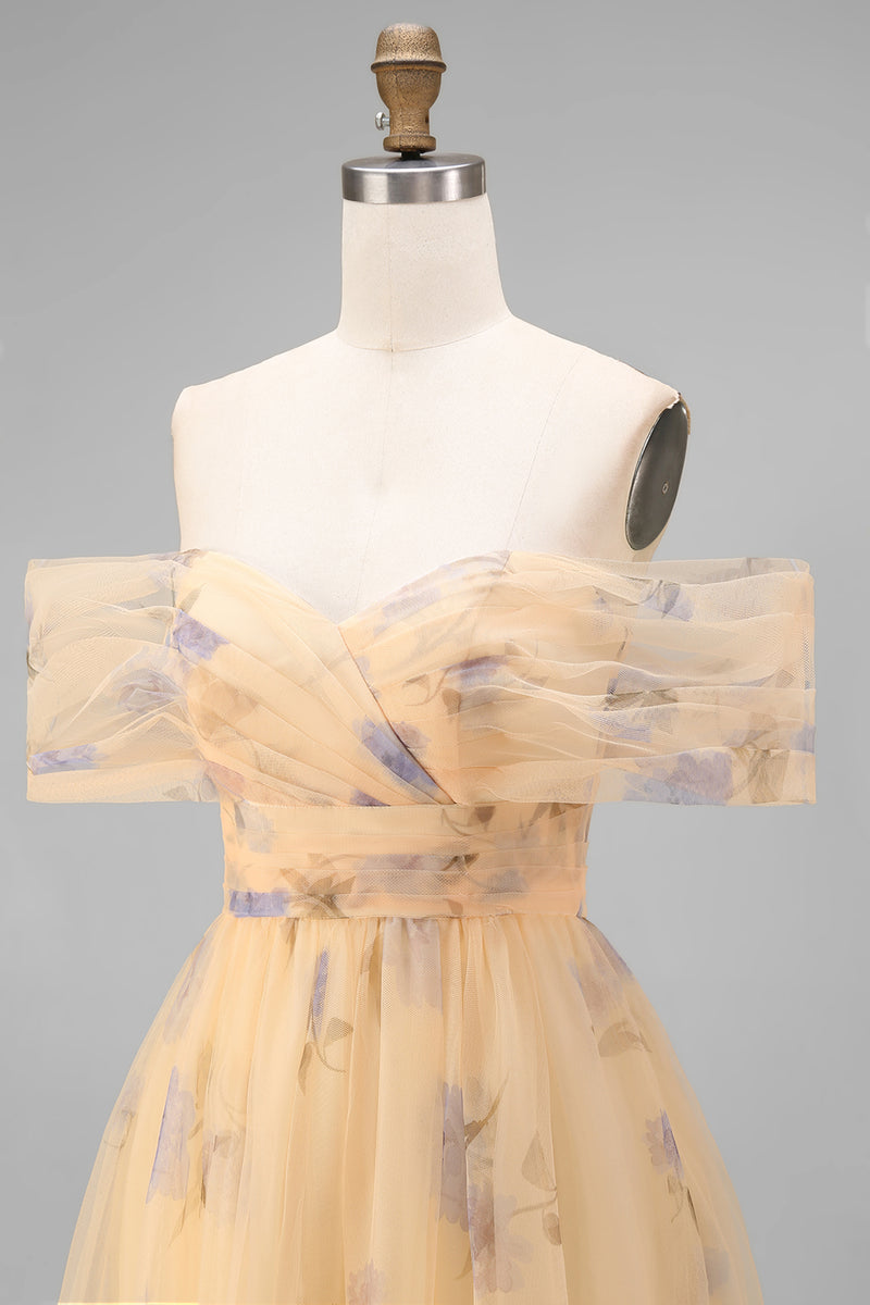Load image into Gallery viewer, Yellow Flower Tulle A Line Ruffled Off the Shoulder Maxi Prom Dress