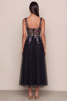 Black Appliqued A Line Tulle Square Neck Maxi Prom Dress