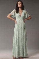 Load image into Gallery viewer, A Line Floral Dusty Sage V Neck Long Prom Dress