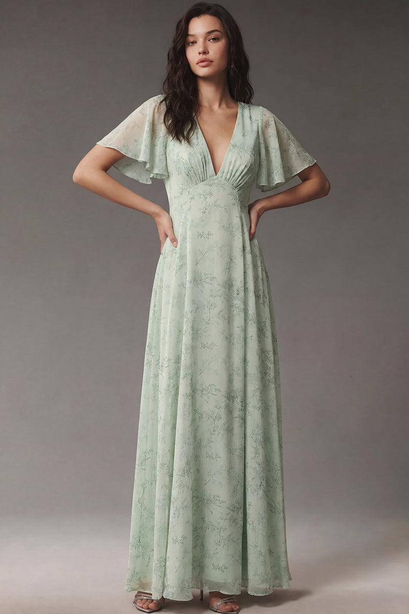 Load image into Gallery viewer, A Line Floral Dusty Sage V Neck Long Prom Dress