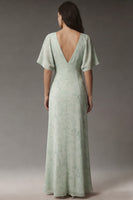 Load image into Gallery viewer, A Line Floral Dusty Sage V Neck Long Prom Dress