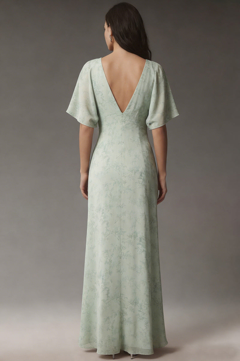 Load image into Gallery viewer, A Line Floral Dusty Sage V Neck Long Prom Dress
