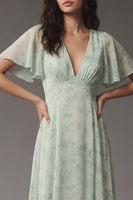 Load image into Gallery viewer, A Line Floral Dusty Sage V Neck Long Prom Dress