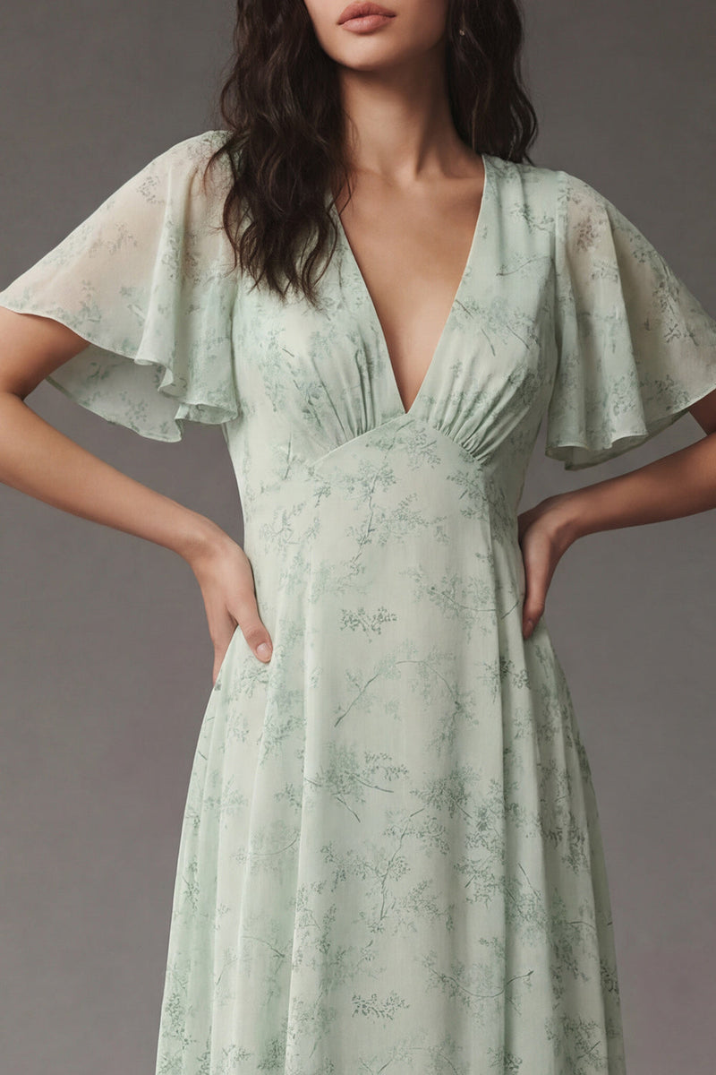 Load image into Gallery viewer, A Line Floral Dusty Sage V Neck Long Prom Dress