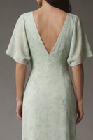 Load image into Gallery viewer, A Line Floral Dusty Sage V Neck Long Prom Dress