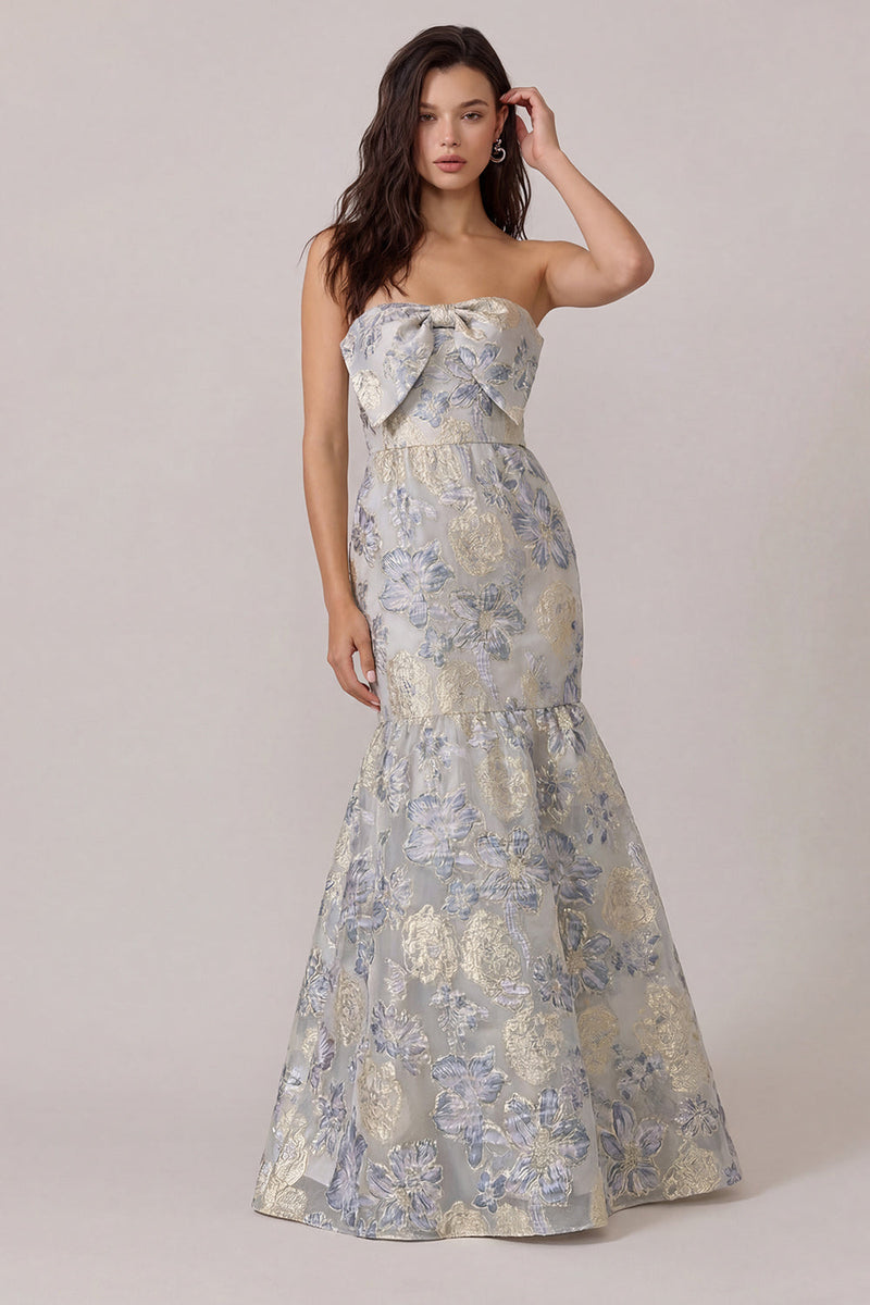 Load image into Gallery viewer, Dusty Blue Jacquard Floral Mermaid Long Prom Dress
