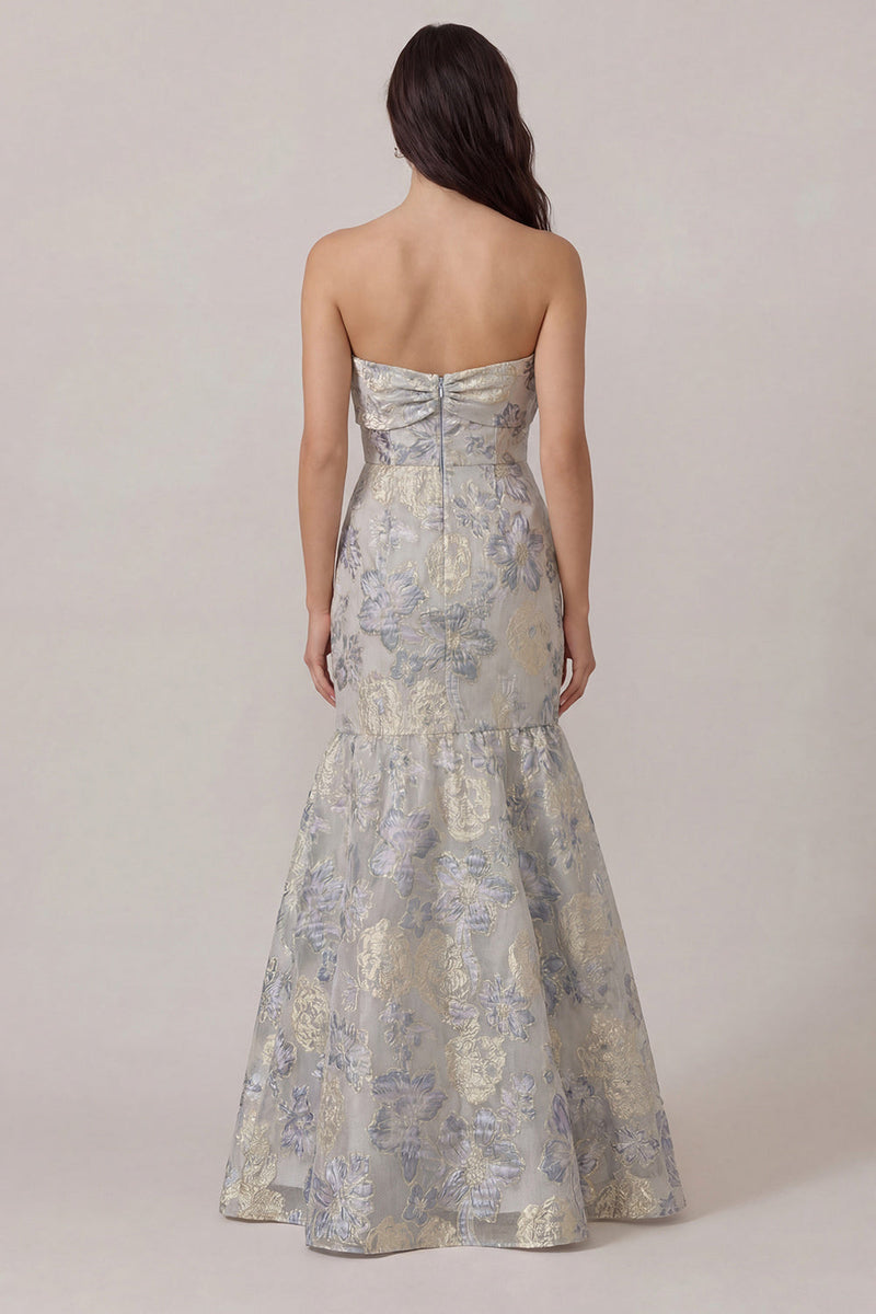 Load image into Gallery viewer, Dusty Blue Jacquard Floral Mermaid Long Prom Dress