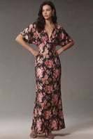 Load image into Gallery viewer, Black Pink Flower Mermaid V Neck Maxi Prom Dress