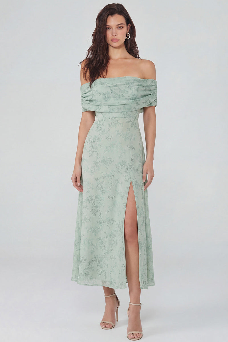 Load image into Gallery viewer, Floral Dusty Sage Off the Shoulder Long Prom Dress with Slit