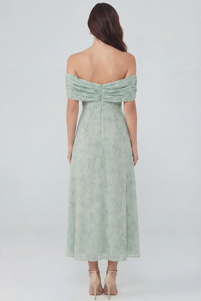 Load image into Gallery viewer, Floral Dusty Sage Off the Shoulder Long Prom Dress with Slit