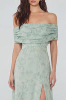 Load image into Gallery viewer, Floral Dusty Sage Off the Shoulder Long Prom Dress with Slit
