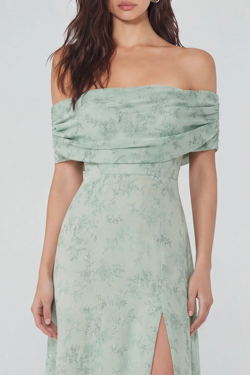 Load image into Gallery viewer, Floral Dusty Sage Off the Shoulder Long Prom Dress with Slit