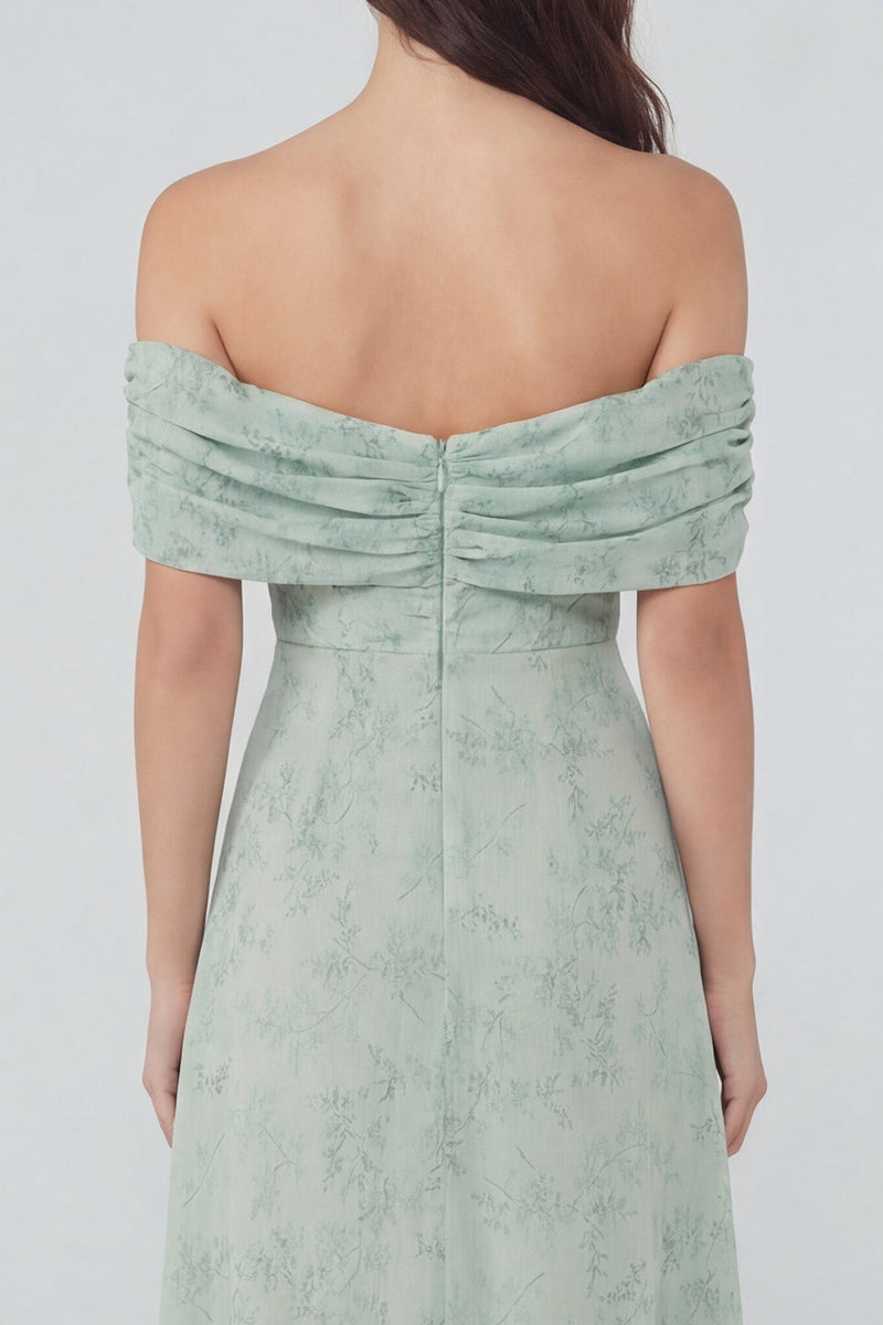 Load image into Gallery viewer, Floral Dusty Sage Off the Shoulder Long Prom Dress with Slit