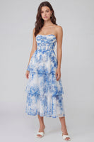 Load image into Gallery viewer, Corset White Blue Flower Maxi Prom Dress with Ruffles