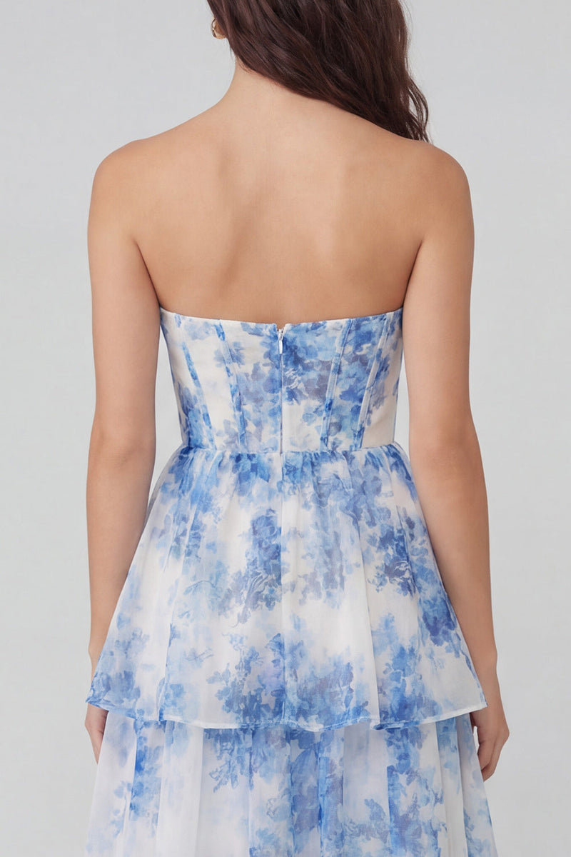 Load image into Gallery viewer, Corset White Blue Flower Maxi Prom Dress with Ruffles