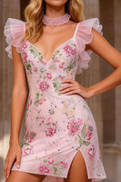 Load image into Gallery viewer, Sparkly Pink Floral Bodycon Ruffle Sleeves Short Prom Dress with Slit