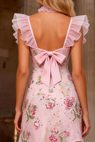 Load image into Gallery viewer, Sparkly Pink Floral Bodycon Ruffle Sleeves Short Prom Dress with Slit