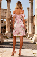 Load image into Gallery viewer, Sparkly Pink Cold Shoulder Floral Bodycon Short Prom Dress with Sash