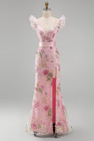 Load image into Gallery viewer, Sparkly Floral Pink Ruffled V Neck Sheath Long Prom Dress with Slit