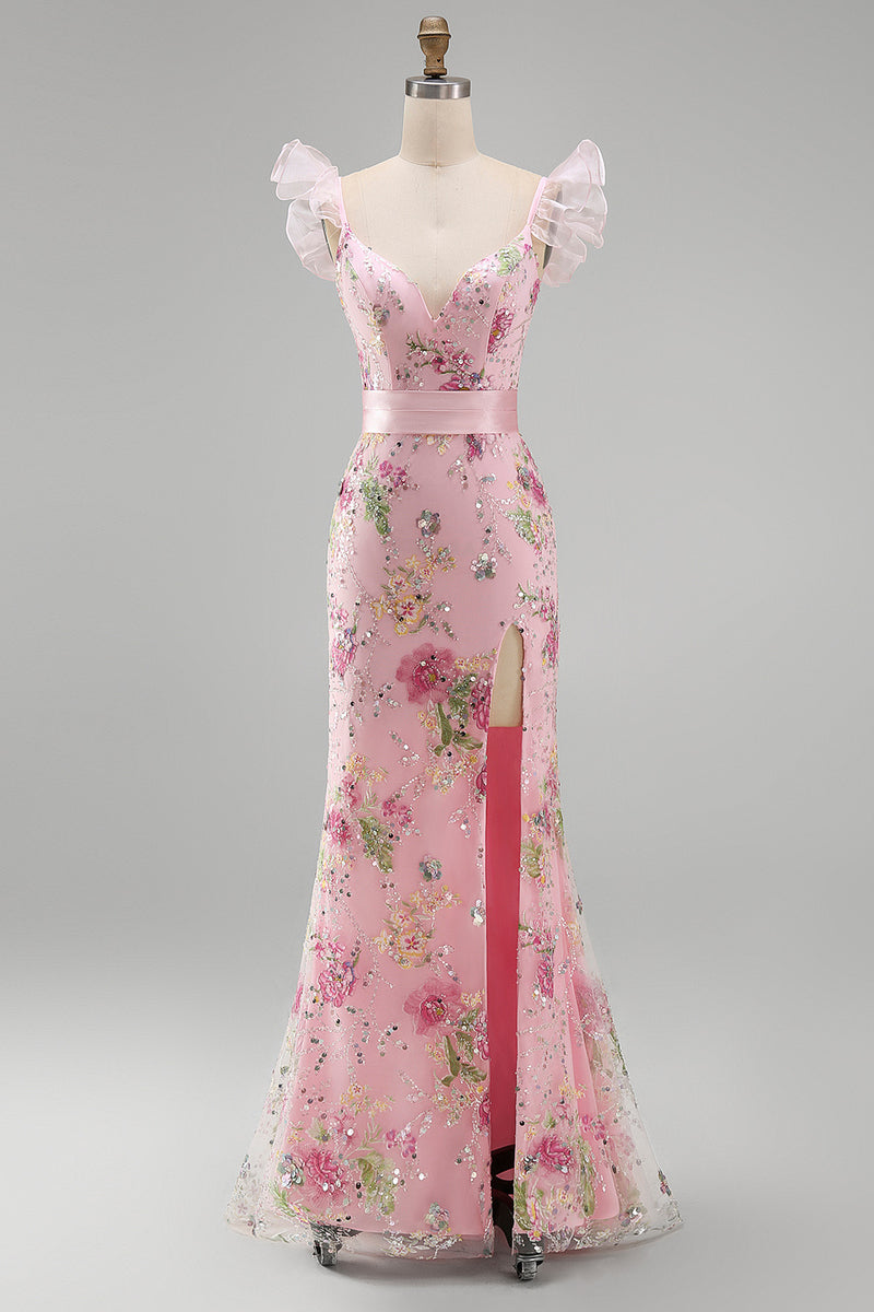 Load image into Gallery viewer, Sparkly Floral Pink Ruffled V Neck Sheath Long Prom Dress with Slit