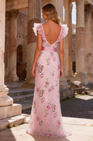 Load image into Gallery viewer, Sparkly Floral Pink Ruffled V Neck Sheath Long Prom Dress with Slit