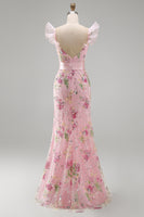 Load image into Gallery viewer, Sparkly Floral Pink Ruffled V Neck Sheath Long Prom Dress with Slit