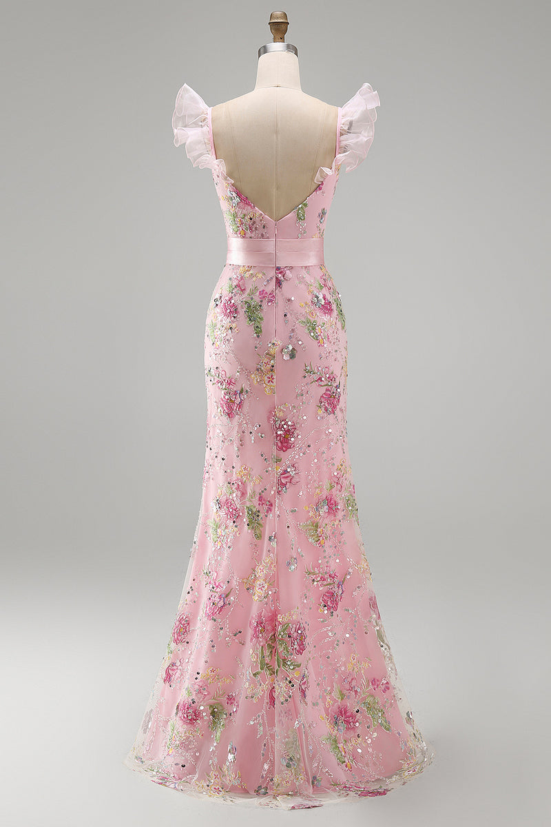 Load image into Gallery viewer, Sparkly Floral Pink Ruffled V Neck Sheath Long Prom Dress with Slit