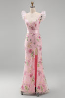 Load image into Gallery viewer, Sparkly Floral Pink Ruffled V Neck Sheath Long Prom Dress with Slit