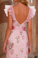 Load image into Gallery viewer, Sparkly Floral Pink Ruffled V Neck Sheath Long Prom Dress with Slit