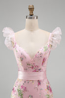 Load image into Gallery viewer, Sparkly Floral Pink Ruffled V Neck Sheath Long Prom Dress with Slit