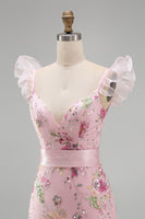 Load image into Gallery viewer, Sparkly Floral Pink Ruffled V Neck Sheath Long Prom Dress with Slit