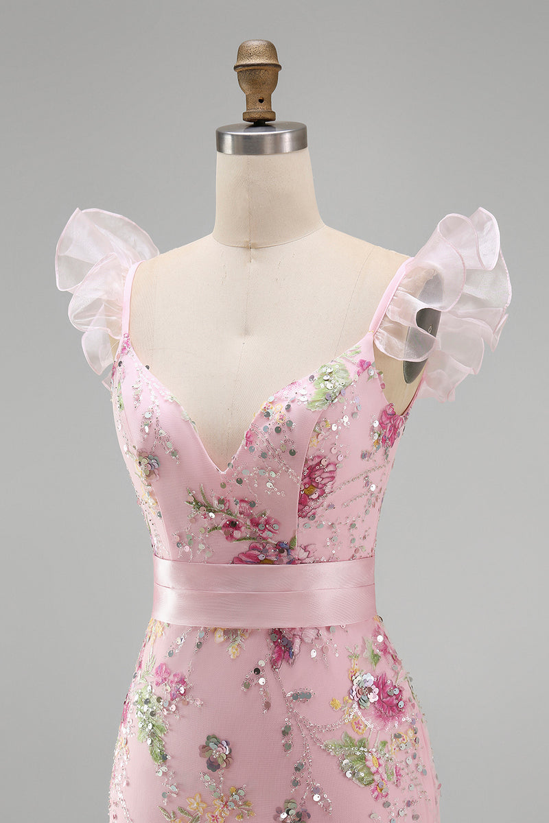 Load image into Gallery viewer, Sparkly Floral Pink Ruffled V Neck Sheath Long Prom Dress with Slit