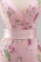 Load image into Gallery viewer, Sparkly Floral Pink Ruffled V Neck Sheath Long Prom Dress with Slit