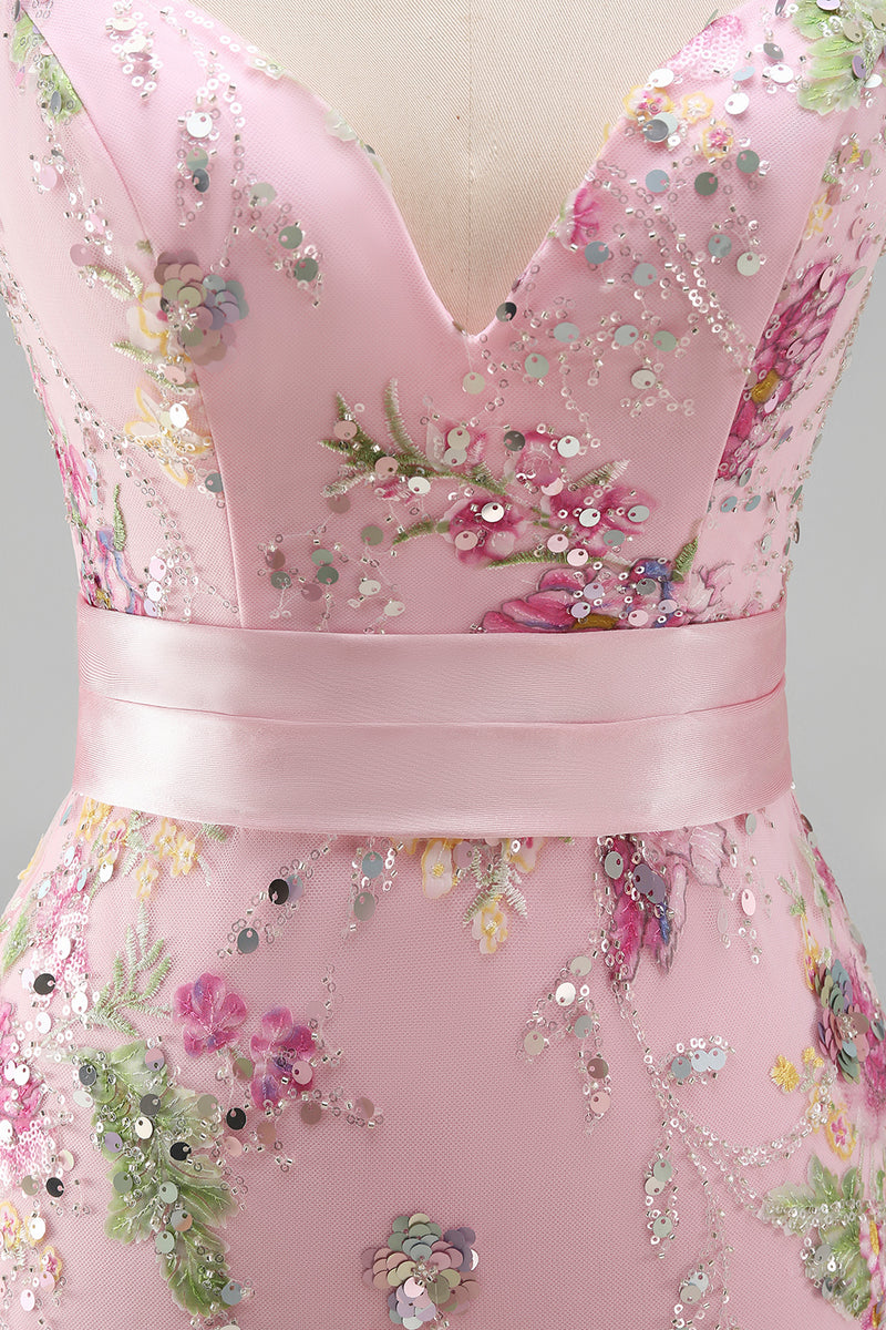 Load image into Gallery viewer, Sparkly Floral Pink Ruffled V Neck Sheath Long Prom Dress with Slit