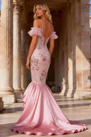 Load image into Gallery viewer, Sparkly Floral Ruffled Pink Mermaid Cold Shoulder High-Low Prom Dress