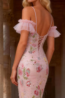 Load image into Gallery viewer, Sparkly Floral Ruffled Pink Mermaid Cold Shoulder High-Low Prom Dress