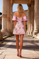 Load image into Gallery viewer, Sparkly Floral Pink Off the Shoulder Short Prom Dress with Sash