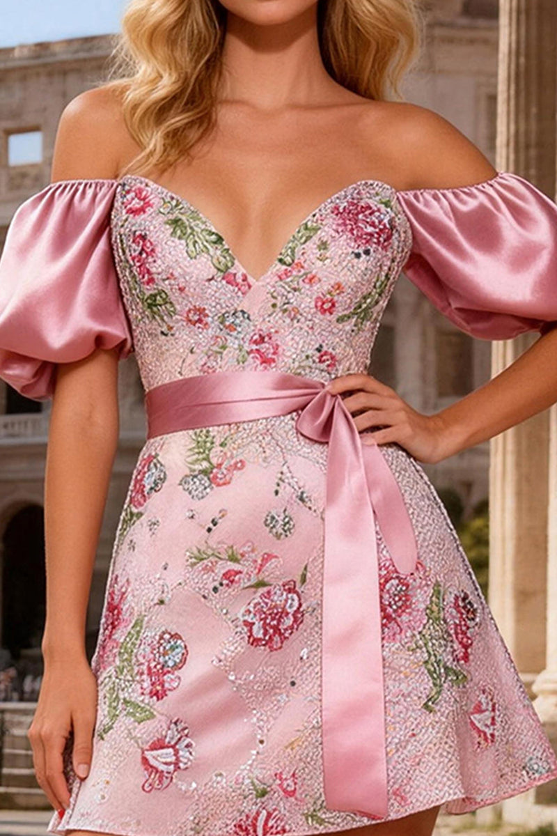 Load image into Gallery viewer, Sparkly Floral Pink Off the Shoulder Short Prom Dress with Sash