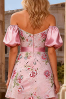 Load image into Gallery viewer, Sparkly Floral Pink Off the Shoulder Short Prom Dress with Sash