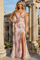 Load image into Gallery viewer, Sparkly Floral Pink Mermaid Spaghetti Straps Long Prom Dress with Slit