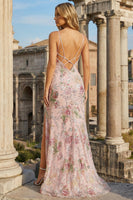 Load image into Gallery viewer, Sparkly Floral Pink Mermaid Spaghetti Straps Long Prom Dress with Slit